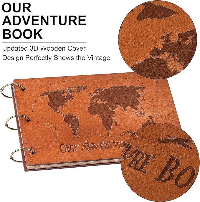Our Adventure Book 3D Wooden Cover Scrapbook - 11.92 x 7.62" Timeless Memory Journal for Unforgettable Adventures & Precious Moments - Ideal for Anniversaries, Travel & Couple Gifts (3D Map Style)