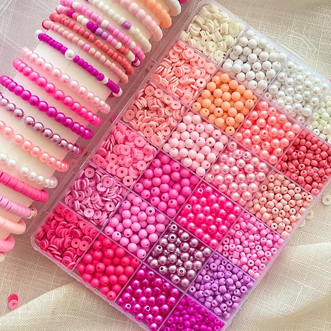 Pink Clay Beads for Bracelets Valentines Day Bracelets Making Kit Seed Beads Pearl Acrylic Glass Plastic Bead Friendship Bracelets Bead for Jewelry Making