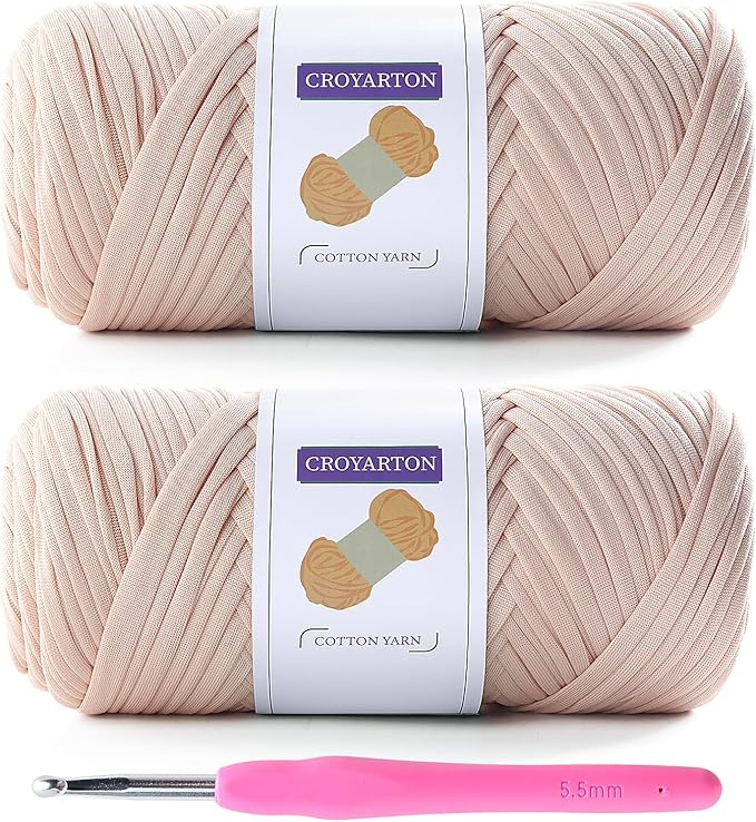 2 Pack Elastic T-Shirt Yarn for Crochet Bag/Baskets/Home Decor - 1 Crochet Hook, Thick Knitting Yarn - Total Length 130 Yds, Weight 14 Oz (Beige)