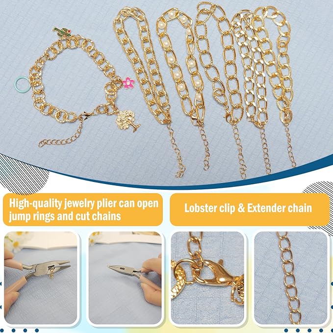LEIOSAGN 366Pcs Gold Charms Bracelet Making Kit with Diverse Chain Bracelets, Mixed and Colored Charms,Jump Rings, Plier, DIY Crafting Gift, Jewelry Making Supplies
