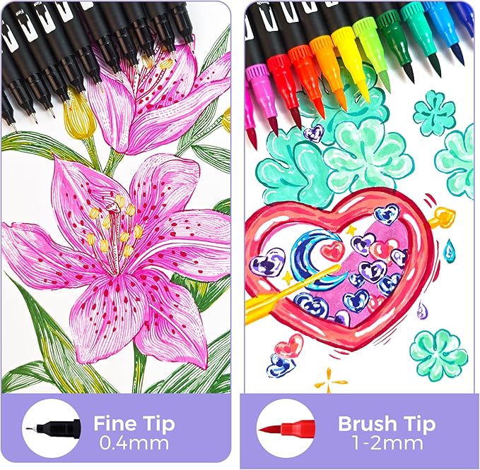 Artecho 72 Colors Markers for Adult Coloring Books, Dual Tip Markers for School, Fine and Brush Tip for Adults Coloring Books, Calligraphy, Drawing, Sketching