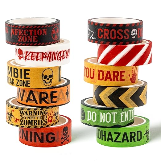 12 Rolls Halloween Washi Tapes, 15 mm Wide Halloween Zombie Caution Creepy Scary Hazard Warning Paper Tape, Horror Decorative Tapes for Scrapbooks, Journals, Haunted House Party Supplies