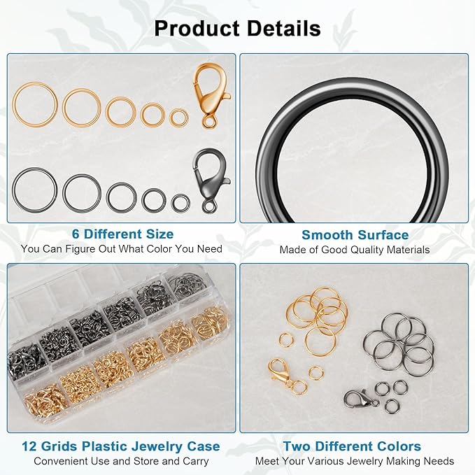 1200 Pcs Jump Rings, Jewelry Making Kit with Open/Close Tools, Pliers, Tweezers, Lobster Clasps, DIY Necklace Repair and Keychain Supplies (KC Gold & Gun Black)