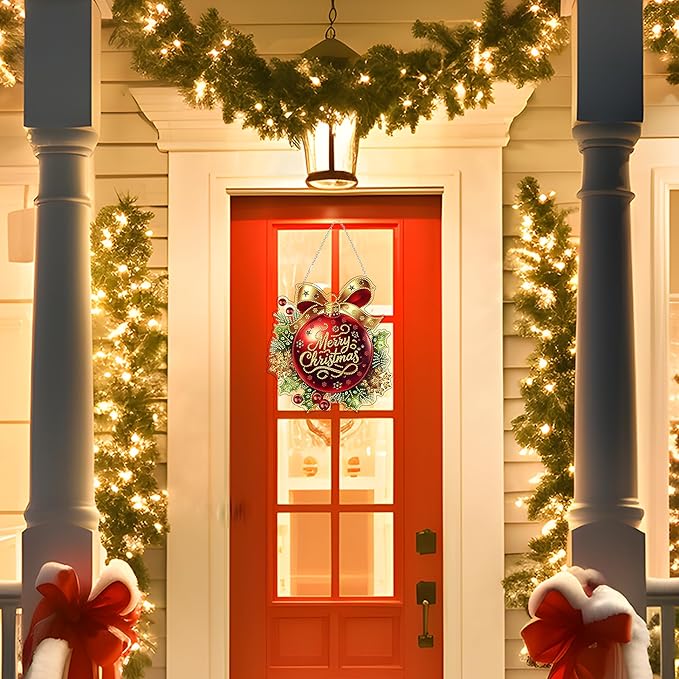 DIY Diamond Art Painting Wreath Kits，Special Shaped Rhinestone Hanging Ornament Diamond Art Window Pendants for Gift Home Garden Wall Hanging Kits,Double Sided (Merry Christmas)
