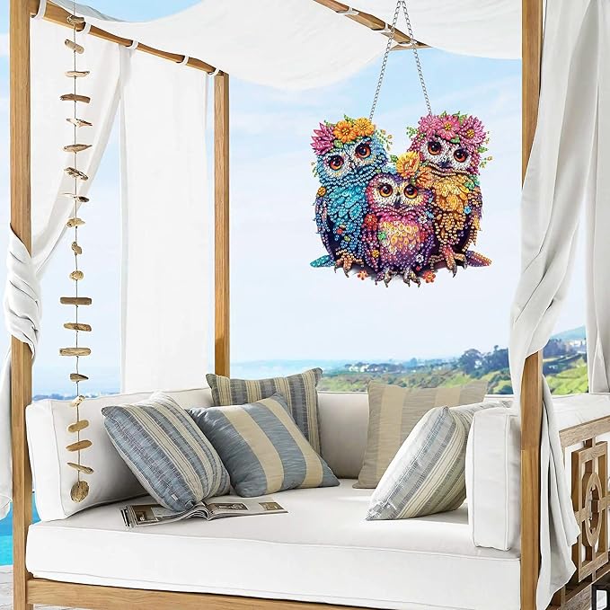 VAIIEYO Owl Diamond Art Hanging Ornament, Bird Animal Diamond Painting Suncatchers Window Hanging Kit with Chain, 7.5x7.5 inch Crystal Pendant Art Craft for Gift Home Wall Front Door Decoration