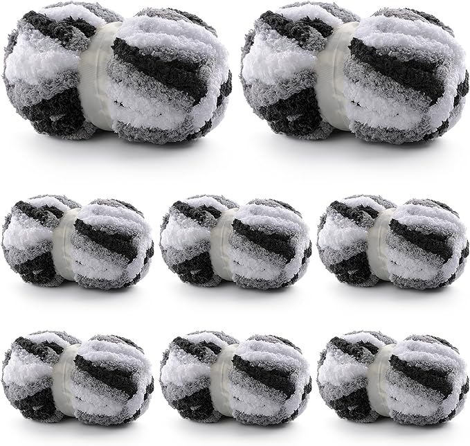 8 Pack Chunky Yarn for Hand Knitting - Chenille Yarn for Crocheting - 224 Yds Chunky Blanket Yarn Jumbo, Thick Fluffy for Knitting Blankets, Super Bulky Yarn 61.6 Oz (Black and White Gray)