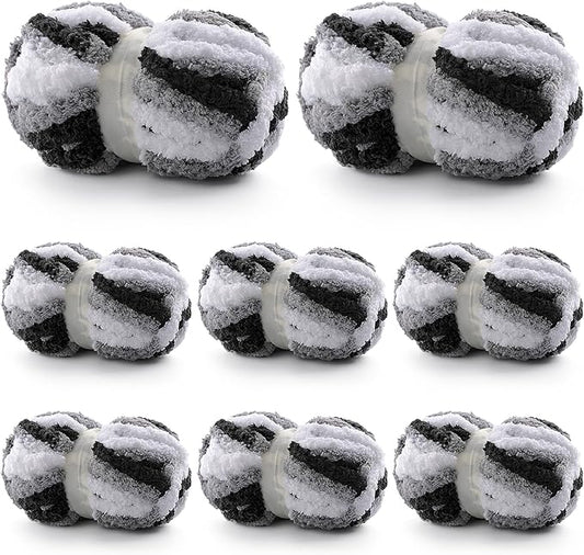 8 Pack Chunky Yarn for Hand Knitting - Chenille Yarn for Crocheting - 224 Yds Chunky Blanket Yarn Jumbo, Thick Fluffy for Knitting Blankets, Super Bulky Yarn 61.6 Oz (Black and White Gray)