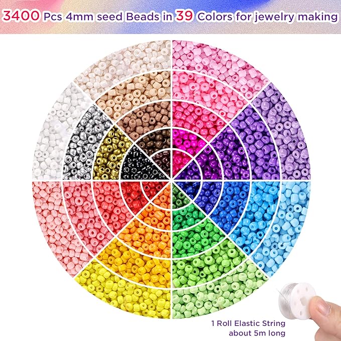 4mm Seed Beads for Jewelry Making, Funtopia 39 Colors Small Beads for Bracelets Making Kit, 3510pcs Friendship Bracelet Bead, Tiny Colorful Bead with Elastic String for DIY Art Craft