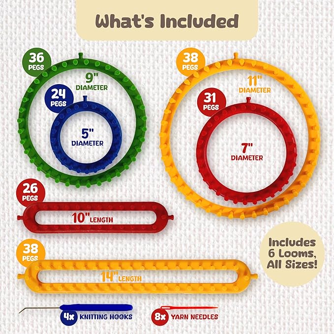 olikraft knitting loom kit - 4 round, 2 rectangular yarn looms - chunky blanket loom - for crochet, hat, scarf