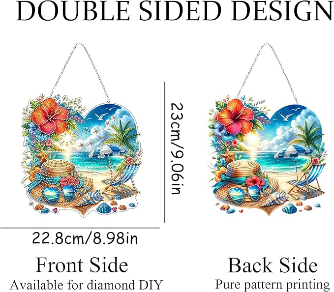 JJFox Diamond Art Hanging Kit for Adult,Special Shaped Rhinestone,Double Sided DIY Acrylic Diamond Art Painting Window Pendants Home Garden Wall Hanging Kits Hanging Ornament (Summer Beach)