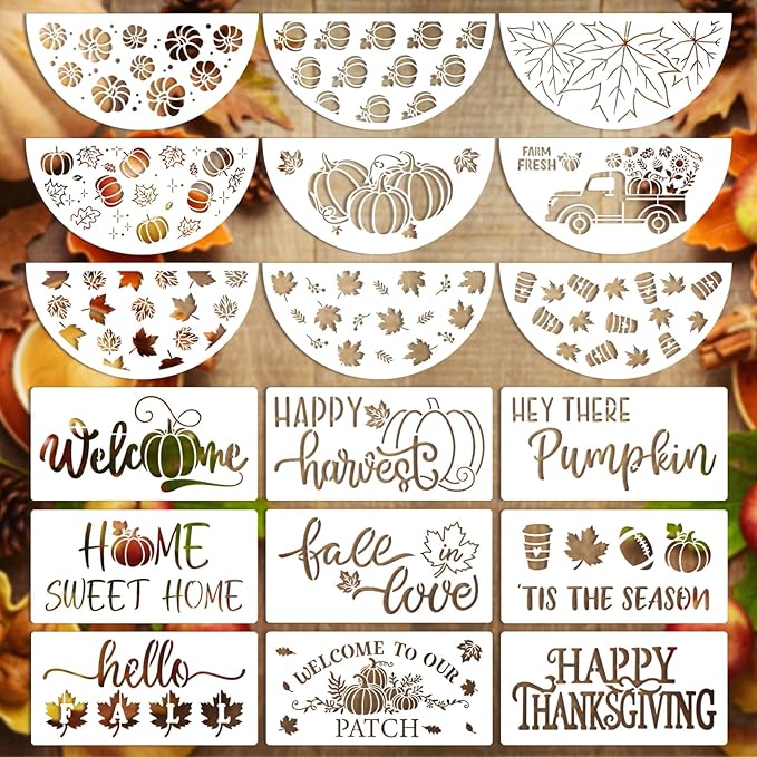 18 PCS Thanksgiving Stencils for Painting on Wood Fall Stecil for Adlts & Kids Autumn Pumpkin Leaves DIY Crafts Kit Templtes for Plain Door Wreath Hanger Door Mats Supplies