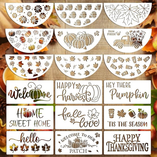 18 PCS Thanksgiving Stencils for Painting on Wood Fall Stecil for Adlts & Kids Autumn Pumpkin Leaves DIY Crafts Kit Templtes for Plain Door Wreath Hanger Door Mats Supplies