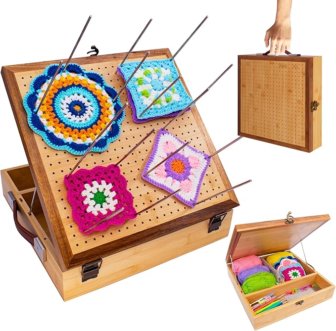OCPO HOME 12'' Crochet Blocking Board - with Storage Drawer & 20 Pegs, Bamboo Granny Square Blocking Board for Crochet Projects, Ideal Crocheting Gifts for Crocheters