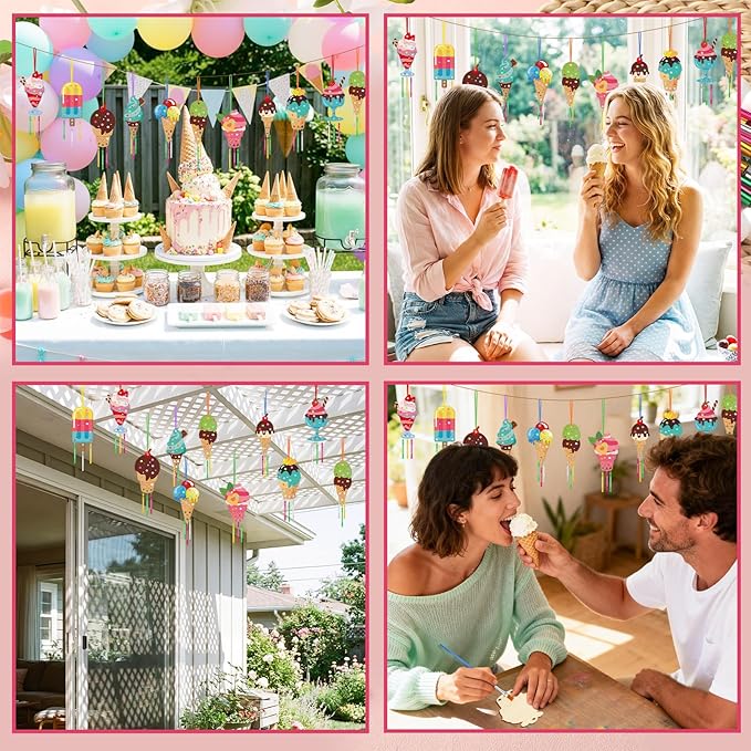 JellyArch 30 Pack Summer Ice Cream Wind Chime Kit for Adults, Summer Crafts DIY Make Your Own Wind Chime Window Art Ornaments for Party Birthday Home Activity Project