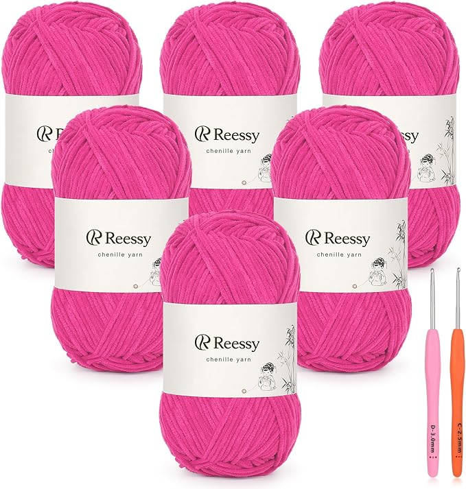 Skinny Chenille Yarn for Crocheting - 6 Pack of 50g/1.76oz - Soft Thin Chenille Yarn - Baby Weights CYC #2, Gentle for Baby Blankets, Plush Toys & Wearables - 951yd Total (Rose Red)