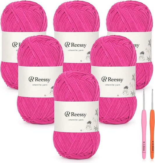 Skinny Chenille Yarn for Crocheting - 6 Pack of 50g/1.76oz - Soft Thin Chenille Yarn - Baby Weights CYC #2, Gentle for Baby Blankets, Plush Toys & Wearables - 951yd Total (Rose Red)