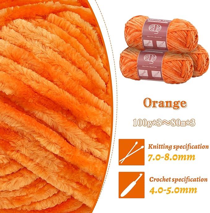 LUNARM Chenille Yarn for Crocheting Knitting, 3 Skein 263 Yard Thick Soft Chunky Fluffy Weaving Plush Yarn for Blankets Clothes Pattern Creations with Big Eye Needles (Orange)