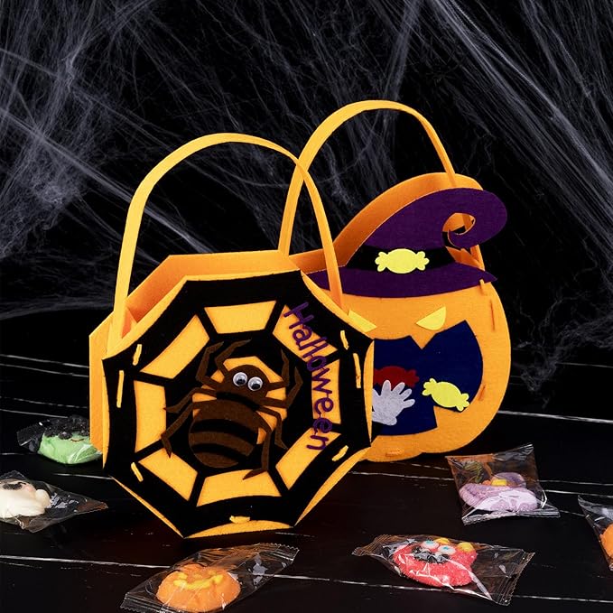 6 Set DIY Trick or Treat Bag Kit, Make Your Own Halloween Candy Bags Goodie Bags, Felt Craft with Stickers for Kids Halloween Party Favors
