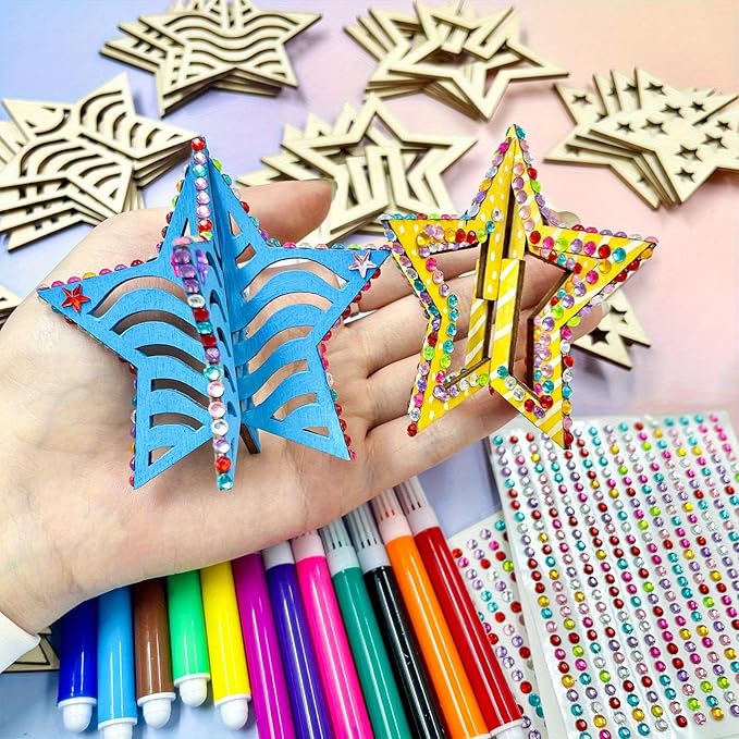 KitsyKraft 32-Piece Wooden 3D Star Crafts Kit – 16 Pair Star-Themed DIY Wooden Blank Ornaments with 2 Diamond Stickers, Unfinished Wood Cutouts for Home Decor or Creative Projects