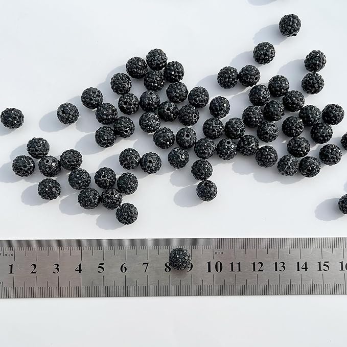100 pcs 10mm Rhinestone Beads for Jewelry Making, Black Shiny Round Disco Ball Beads, Bulk Polymer Clay Rhinestone Bead Crystal Diamond Bead for Bracelet Necklace Earring Crafting