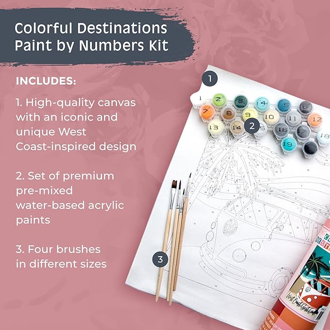 Pink Picasso Kits Colorful Destinations Paint by Number for Adults and Teens | DIY Unique Canvas Painting Kits Color by Numbers Arts & Crafts Kit | West Coast Best Coast 8x10 - Paint Kit Set
