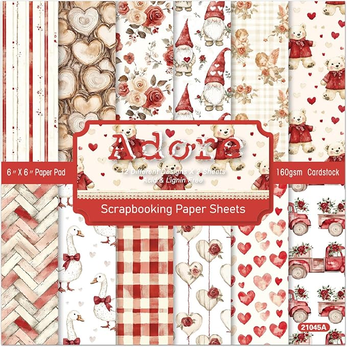 Valentine Scrapbook Paper 6×6, 24 Sheets Scrapbooking Supplies Kit, Single-Sided Patterned Cardstock Pads for Card Making, Designer Planner Journals