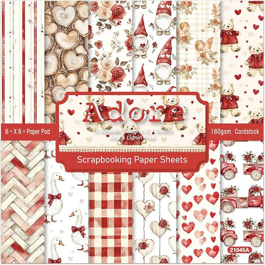Valentine Scrapbook Paper 6×6, 24 Sheets Scrapbooking Supplies Kit, Single-Sided Patterned Cardstock Pads for Card Making, Designer Planner Journals