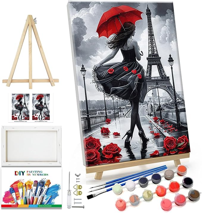 JOOZ Paint by Numbers Kit for Adults Eiffel Tower Paint by Numbers Kit with Frame DIY Girl Paint by Number with Easel Flowers Paint by Number Kits on Canvas for Gift Home Wall Decor 7.87x11.81 Inch