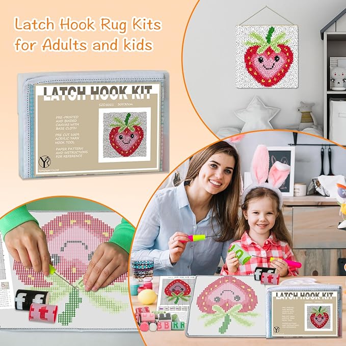 YP Strawberry Smiley Face Latch Hook Kit for DIY Craft Lovers - 12x12 Inch Crochet Rug Making Set, Fun & Creative Home Decor Needlework Project for Beginners