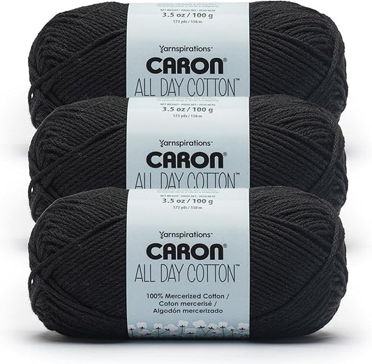 Caron All Day Cotton - 3 Pack of 173 Yards/3.52 oz Black 100% Mercerized Cotton Yarn
