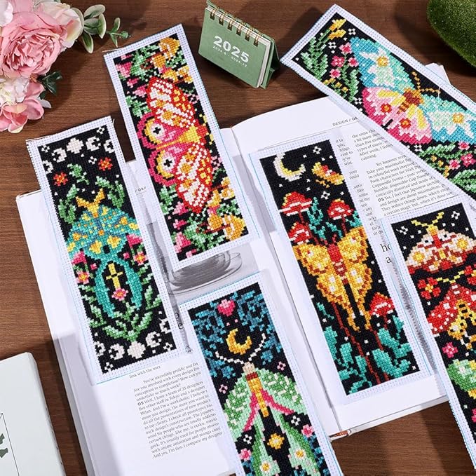 ORIGACH 6 Pcs Cross Stitch Bookmark Kit for Beginner Adults, Vivid Moths Stamped Embroidery Bookmark Kit with Instruction for Starters Printed Cross Stitch DIY Kits for Book Lovers