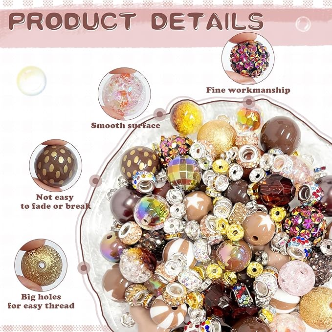 163 Pcs Pen Beads for Beadable Pens: Bubblegum Beads for Pen Making Bulk with Spacer Bead Rhinestone Bead (Brown)
