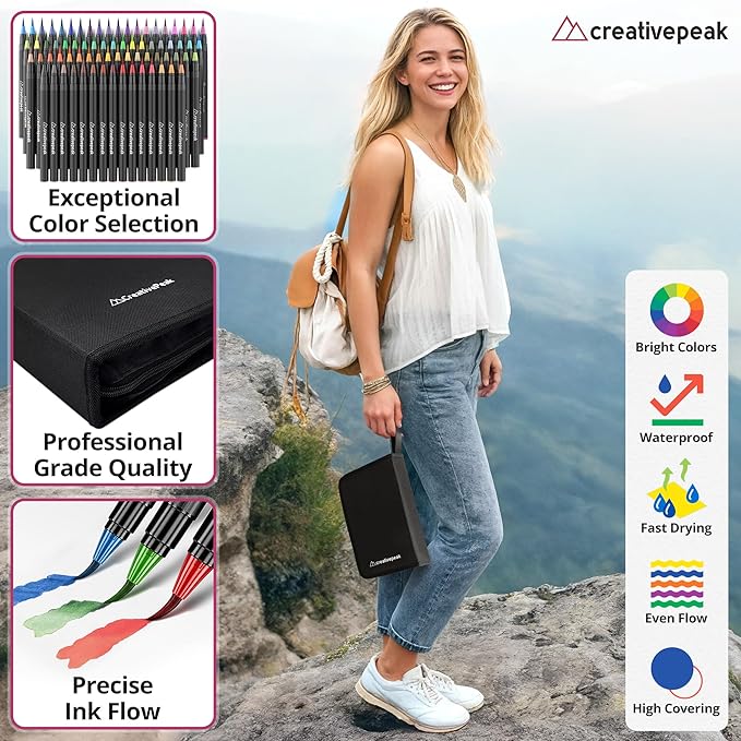 Creativepeak Watercolor Brush Pens - 72 Vibrant Soft Tip Coloring Markers with 4 Blending Brushes - Premium Art Supplies for Calligraphy, Lettering, Coloring & Journaling