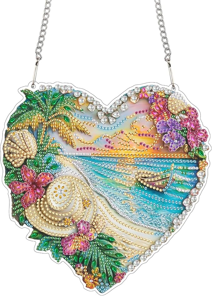 Bimkole Beach Diamond Art Hanging Kit for Adult, DIY 5D Diamond Art Landscapes Window Pendant, Acrylic Crystal Art Hanging Ornament Home Wall Garden Front Door Sign Outdoor Decor 7.8x7.8 Inch