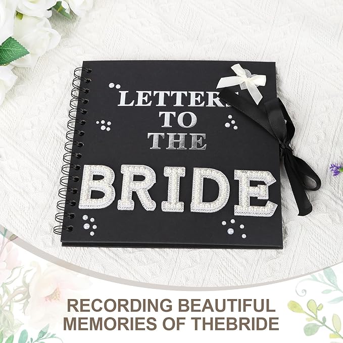 8 x 8 Inch Letters to The Bride Scrapbook Wedding Scrap Book Letters To The Bride Book Bridal DIY Blank Paper Scrapbook Photo Album with Pearl Stickers, Metallic Letters, Bows(Black)