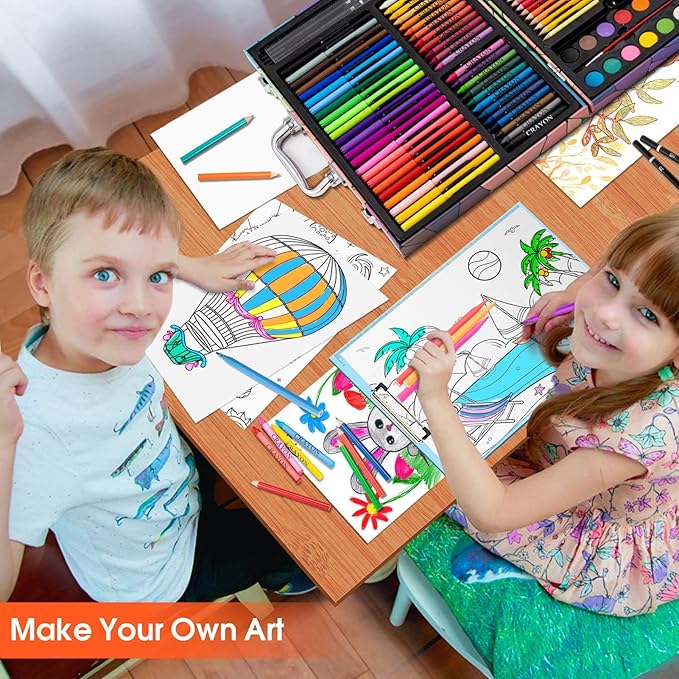 Art Supplies, 180 Pack Drawing Painting Set for Kids Girls Boys Teens, Coloring Art Kit Gift Case with Clipboard, Coloring Papers, Oil Pastels, Crayons, Colored Pencils, Watercolor Cakes, Markers