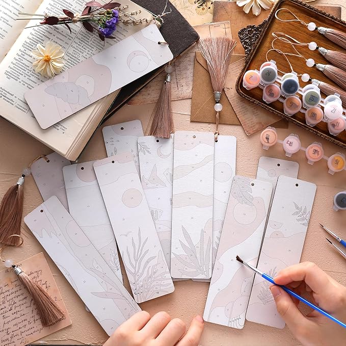 Kosiz 12 Pcs Boho Paint by Numbers Kit for Adults Wood Bookmark Painting Decor Mini Paint by Numbers Kit Tassels Blank Bookmarks Craft for Small DIY Book Lovers Gift 7x2 ''