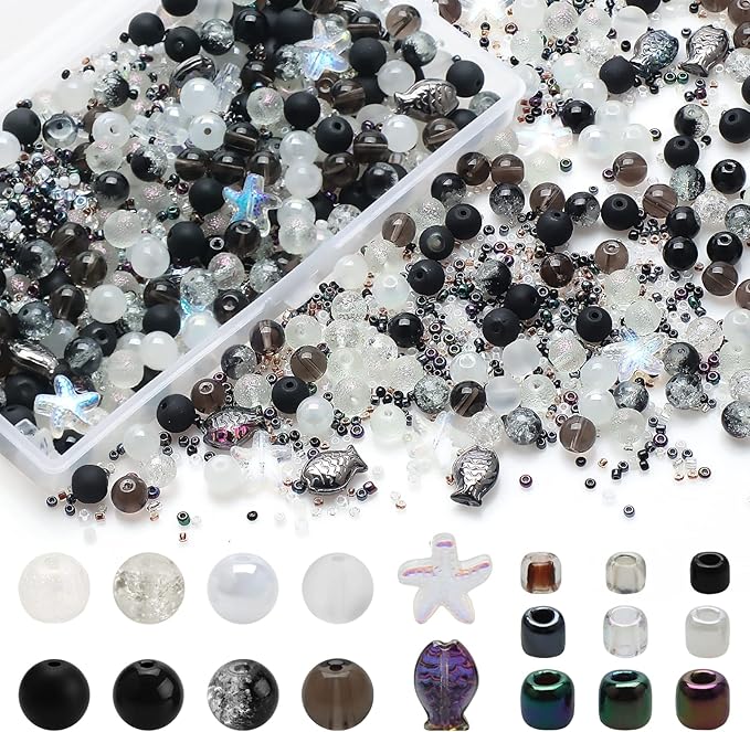 Rired 27 760pcs Assorted Glass Beads for Jewelry Making, White to Black Mixed Crystal Beads Bracelet Making Kit with Seed Beads for Ring, Necklace, DIY Craft