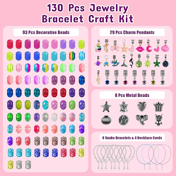 Beads Jewelry Making Kit – Charm Bracelet & Necklace DIY Set with Pearl, Shell & Pony Beads, Creative Arts and Crafts Gift for Birthday