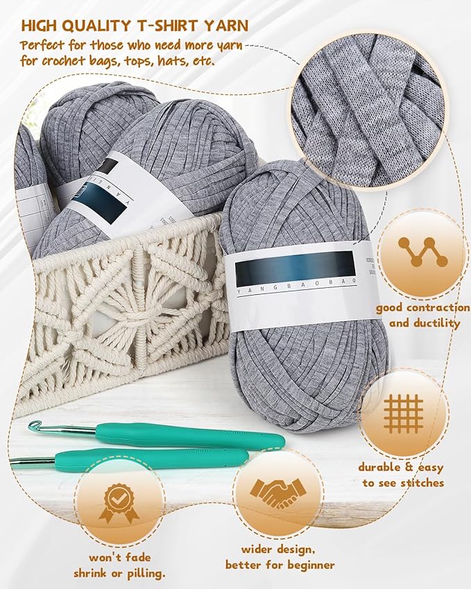 Katech 400g T-Shirt Yarn for Crocheting & Knitting, 130 Yards Elastic Fabric, Spaghetti Yarn for DIY Projects w/ 2pcs Crochet Hooks (Grey)