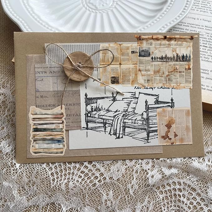 100Pcs Vintage Newspaper Stickers - Vinyl Retro Aged Decals for Journaling, Scrapbooking, Laptop | Authentic Old News/Coffee Stain Designs | Gift for Retro Lovers, Handicrafters