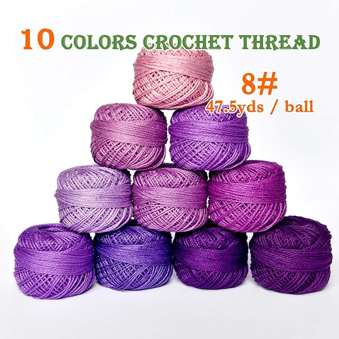 Crochet Thread 10 Balls Cardinal Size 8 for Crochet Hardanger Cross Stitch Needlepoint Hand Embroidery (Purple Series)