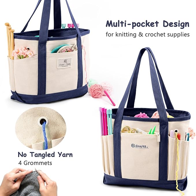 Canvas Yarn Storage Organizer Bag Washable Crochet Bag with Pockets for Yarn, Hooks, Needles – Travel Knitting Tote for Crafters – Gift for Crocheters & Knitters (Medium/Large)