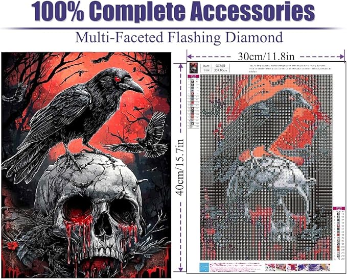 Mrnsiet Helloween Crow Diamond Painting Kits for Adults, 5D Skull with Blood Horror Diamond Art Kits for Beginners, DIY Full Drill Diamond Kits Gem Arts Crafts for Home Wall Decor 12 x 16 Inch