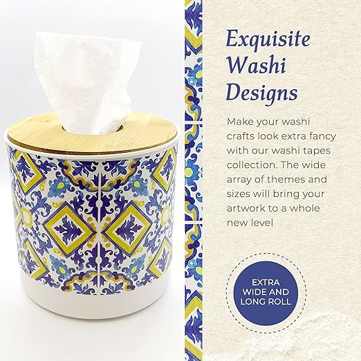 Serenity Fair Washi Tape – Mediterranean Tile Pattern, Extra Wide 4 Inch Scrapbook Supplies for Scrapbooking, Journaling, Stickers, Craft Paper, and DIY Scrapbook Tape Roll (Portuguese Yellow Blue)