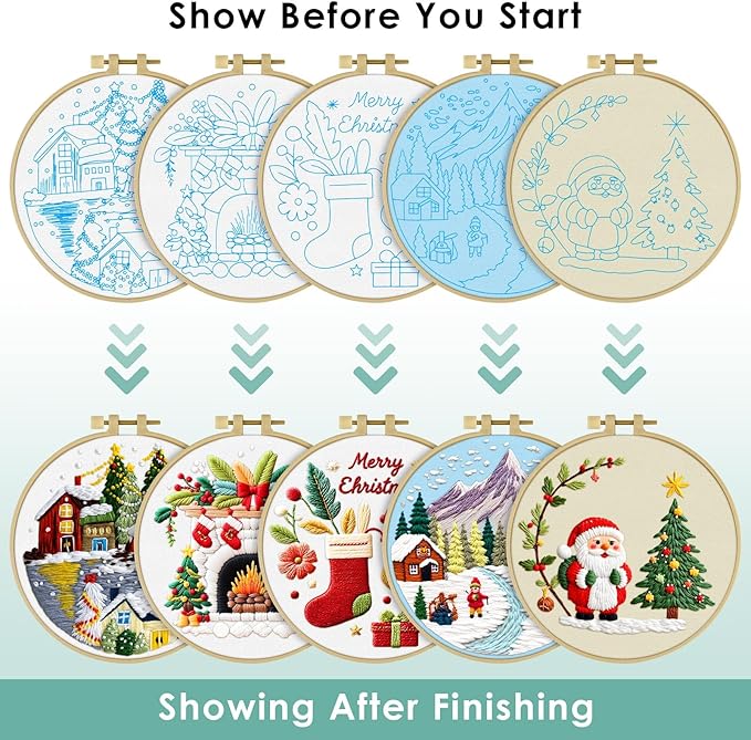 ERKOON Embroidery Kit for Beginners, 5 Sets Christmas Cross Stitch Set for Adults Include Embroidery Cloth Hoops Threads for Craft Lover Hand Stitch with Skill Techniques (Christmas#1)