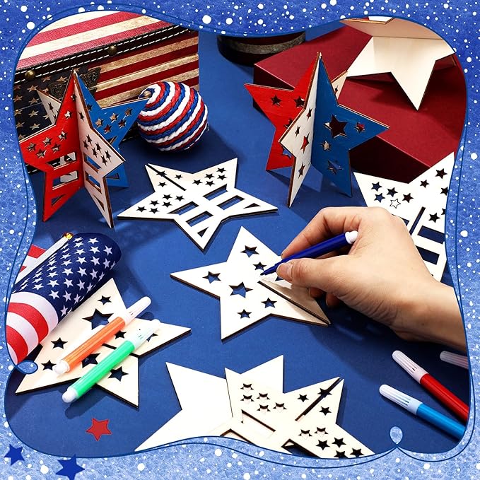 Blosssound 48 Pcs Patriotic Craft Set 36 Wood Stars Crafts 3D Stars Cutouts with 12 Colored Markers 4th of July Wooden Unfinished Slices to Paint for Memorial Day DIY Handmade Tiered Tray Decor