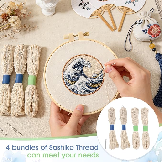 4pcs Sashiko Thread Jumbo Skein Sashiko Kit Sashiko Skein with Four Sashiko Needles Total Length 524.93 Yards Natural Plant Dyed Sashiko Cotton Embroidery Thread Sashiko Kit Supplies 100% Cotton