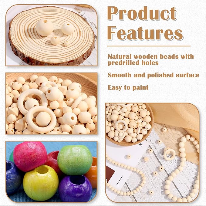 Wooden Beads for Crafts, 660 Pcs Natural Loose Wood Beads Rings Bulk Include Unfinished Beads with Holes, Smooth Wooden Ring, Polygon Spacer Beads Twine for Ornament Jewelry Making Home Garland Décor