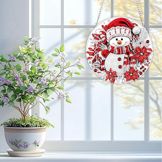 QENSPE Christmas Diamond Art Hanging Kits for Adults with Chain, 5D Special Shape Snowman Diamond Paingting Ornaments Kits, Easy DIY Crystal Pendant Gem Art for Home Garden Wall Decor 8X8 inch